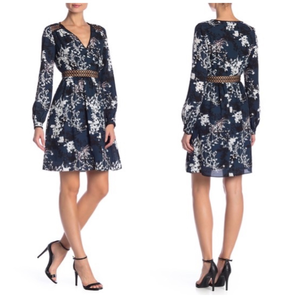 Sam Edelman Navy Floral Long Sleeve V-Neck Dress